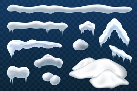 Snow ice set Winter roof cap design. White blue snow ball template. Snowy icicle frame decoration isolated transparent background. 3D realistic. Christmas, New Year frozen texture Vector illustrationのイラスト素材