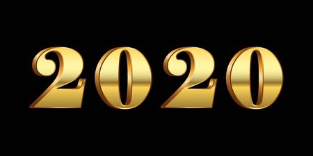 Happy New Year background. Gold 3D number 2020 isolated black background. Bright golden design greeting card, Christmas banner, holiday celebration, decoration poster, calendar Vector illustrationのイラスト素材