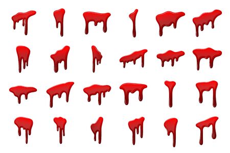 Blood drip 3D set. Drop blood isloated white background. Happy Halloween decoration design. Red splatter stain, splash spot, horror blot. Bleeding bloodstain texture. Liquid paint Vector illustratonのイラスト素材