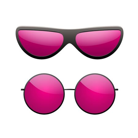 Sunglasses icons set. Pink sun glasses isolated white background. Fashion pink vintage graphic style. Female modern optical beach accessory. Eye summer protection. Eyesight symbol Vector illustrationのイラスト素材