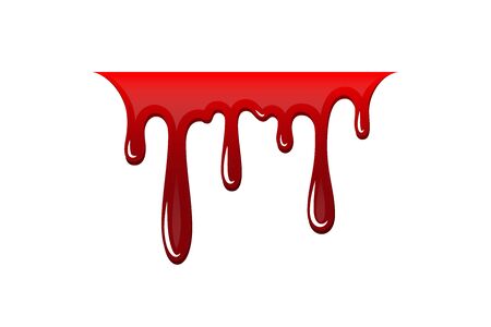 Blood drip 3D. Drop blood isloated white background. Happy Halloween decoration design. Red splatter stain splash spot, horror blot. Bleeding bloodstain scare texture. Liquid paint Vector illustratonのイラスト素材