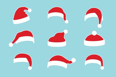 Santa Claus hat flat set. Realistic Santa Claus hat isolated blue background. Red funny cap silhouette. Merry Christmas clothes cute cartoon design. New year decoration costume Vector illustrationのイラスト素材