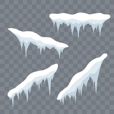 Snow cap ice set. Winter design snowy icicle roof. White blue snow ball template. Frame decoration isolated transparent background. 3D realistic. Christmas New Year frozen texture Vector illustrationのイラスト素材