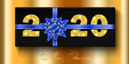 Merry Christmas card. 3D gift bpx, ribbon bow, gold number 2020 isolated gold background. Golden...