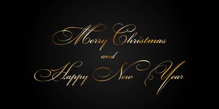 Merry Christmas and Happy New Year gold text decoration. Bright golden texture lettering with sparkle, isolated black background. Design typography for holiday, greeting card Vector illustrationのイラスト素材