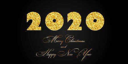 Merry Christmas card. Gold number 2020 with text, isolated on black background. Golden texture holiday design. Happy New Year celebration, decoration. Invitation greeting banner Vector illustrationのイラスト素材