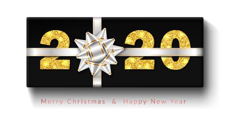 Merry Christmas card. 3D gift box, ribbon bow, gold number 2020 isolated white background. Golden...