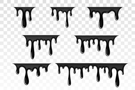 Drip paint 3D set. Ink stain. Drop melt liquid isolated on white transparent background. Splash of chocolate, oil, blood. Black graffiti. Splatter syrup, candy sauce, caramel Vector illustrationのイラスト素材