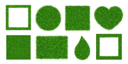 Green grass background 3D set isolated. Lawn greenery nature ball, circle, heart. Abstract field texture square frame, rectangle. Ground landscape grassland pattern. Grassy meadow Vector illustrationのイラスト素材