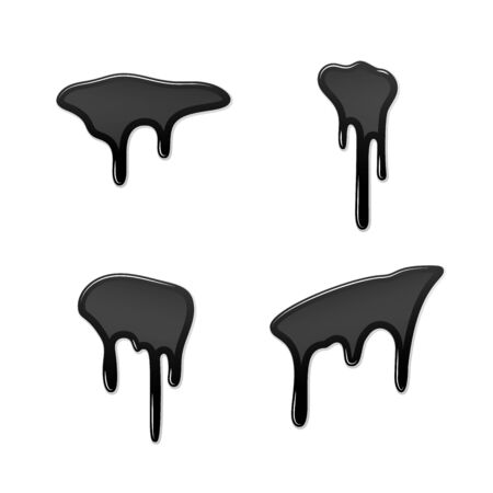 Drip paint 3D set. Ink stain. Drop melt liquid isolated on white background. Splash of chocolate, oil, blood. Black graffiti. Splatter syrup, candy sauce, caramel Vector illustrationのイラスト素材