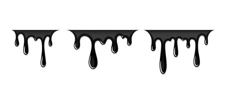 Drip paint 3D set. Ink stain. Drop melt liquid isolated on white background. Splash of chocolate, oil, blood. Black graffiti. Splatter syrup, candy sauce, caramel Vector illustrationのイラスト素材