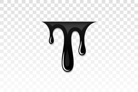 Drip paint 3D. Ink stain. Drop melt liquid isolated on white transparent background. Splash of chocolate, oil, blood. Black graffiti. Splatter syrup, candy sauce, caramel Vector illustrationのイラスト素材