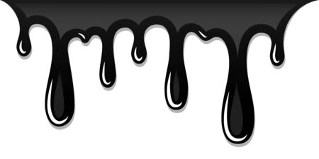 Drip paint 3D. Ink stain. Drop melt liquid isolated on white background. Splash of chocolate, oil, blood. Black graffiti. Splatter syrup, candy sauce, caramel Vector illustrationのイラスト素材