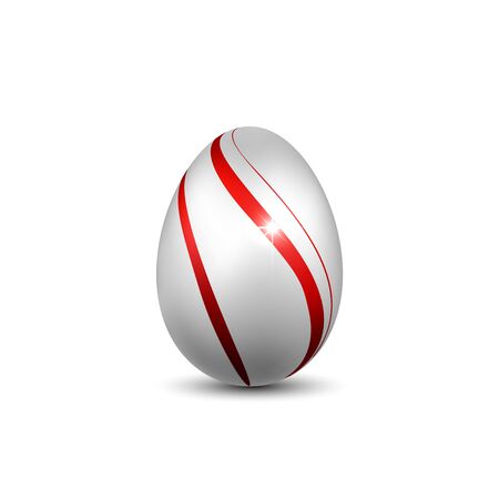 Easter egg 3D icon. Red silver egg, isolated white background. Bright realistic design, decoration for Happy Easter celebration. Holiday element. Shiny pattern. Spring symbol Vector illustrationのイラスト素材