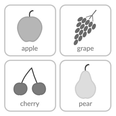 Fruits and berries, objects icons set, isolated on white background. Summer fresh food. Juicy tasty healthy dessert. Vitamin organic products nutrition. Symbol of health, diet Vector illustrationのイラスト素材