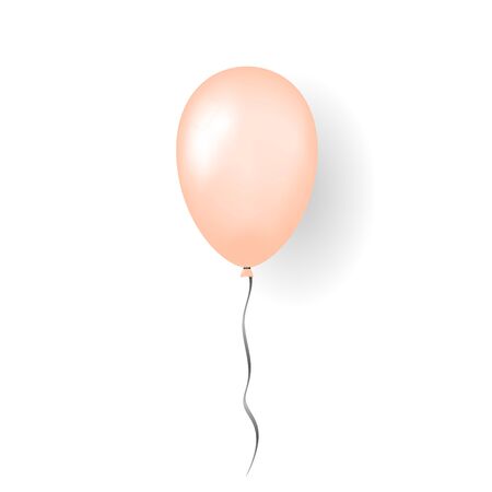 Orange balloon 3D, thread, isolated white background. Color glossy flying baloon, ribbon for birthday celebrate, surprise. Helium ballon gift. Realistic shape, design happy bday. Vector illustrationのイラスト素材