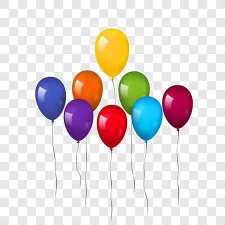 Balloons 3D bunch set, thread, isolated white transparent background. Color glossy flying baloon, ribbon, birthday celebrate, surprise. Helium ballon gift. Realistic design bday. Vector illustrationのイラスト素材