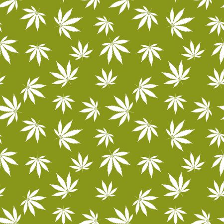 Cannabis seamless pattern. Marijuana leaf, white weed plant. Hashish texture, isolated green background. Hemp psychedelic grass. Fabric print for medical wallpaper. Simple design. Vector illustrationのイラスト素材