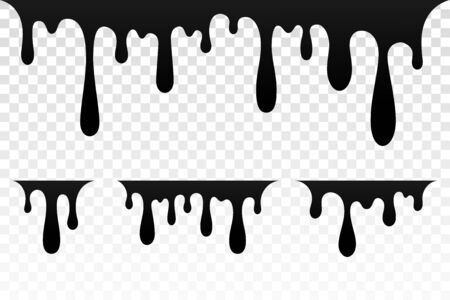 Drip paint set. Ink stain. Drop melt liquid isolated on white transparent background. Splash chocolate, oil, blood. Black splatter syrup, candy sauce, caramel. Color easy to edit Vector illustrationのイラスト素材