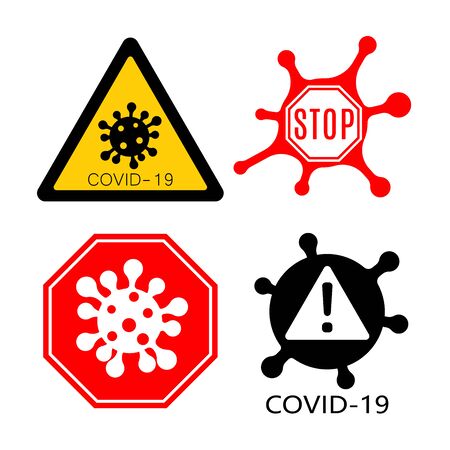 Coronavirus 2019-nCoV. Corona virus icons warning set. Signs isolated white background. Pathogen respiratory infection. Bacteria influenza pandemic Corona-virus prevention Vector illustrationのイラスト素材