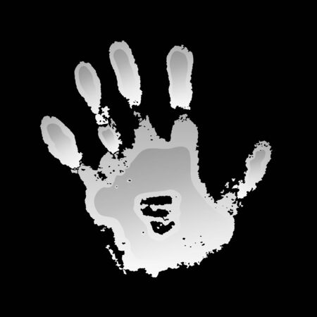 Hand paint print 3D, isolated black background. White human palm and fingers. Abstract art design, symbol identity people. Silhouette child, kid, people handprint. Grunge texture Vector illustrationのイラスト素材
