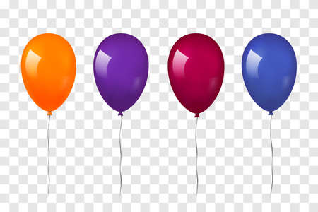 Balloons 3D set, thread, isolated white transparent background. Color glossy flying baloon, ribbon, birthday celebrate, surprise. Helium ballon gift. Realistic design happy bday Vector illustrationのイラスト素材