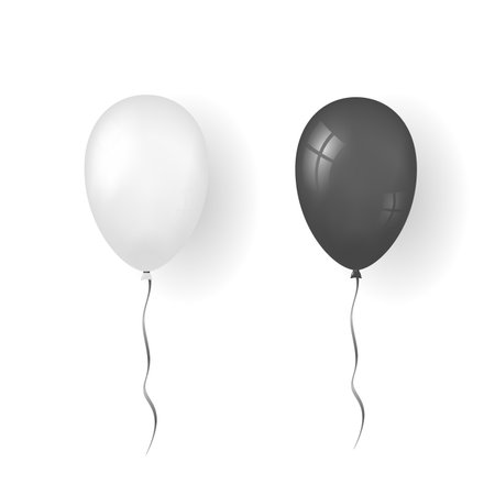 Balloon 3D icon set, isolated on white background. Baloon mockup for Halloween party celebration. Realistic black, silver design. Helium gift balloon, ribbon. Glossy decoration Vector illustrationのイラスト素材