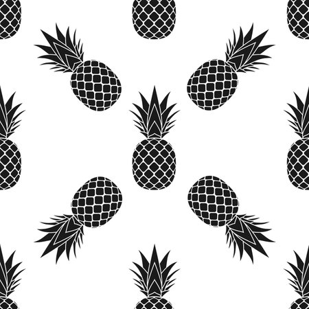 Pineapple seamless pattern. Black tropical fruits textile texture on white background. Food print, fabric wrapping decorative backdrop. Typography graphic. Repeat design element Vector illustrationのイラスト素材
