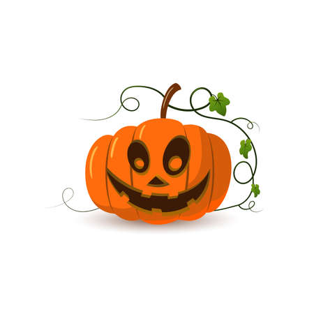 Halloween pumpkin icon 3D. autumn symbol. cartoon horror design. Halloween scary pumpkin face, smile, leaf. Orange squash silhouette isolated white background. harvest celebration. vector illustrationのイラスト素材