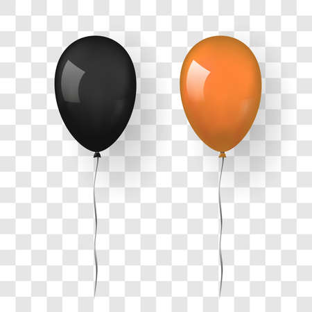 Balloon 3D icon set, isolated white transparent background. Baloon mockup Halloween party celebration. Realistic black orange design. Helium gift ballon, ribbon decoration. Vector illustrationのイラスト素材