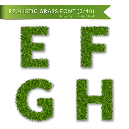 Grass letters E, F, G, H set alphabet 3D design. Capital letter text. Green font isolated white background, shadow. Symbol eco nature environment, save the planet. Detailed meadow Vector illustrationのイラスト素材