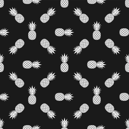 Pineapple seamless pattern. White tropical fruits textile texture on black background. Food print, fabric wrapping decorative backdrop. Typography graphic. Repeat design element. Vector illustrationのイラスト素材