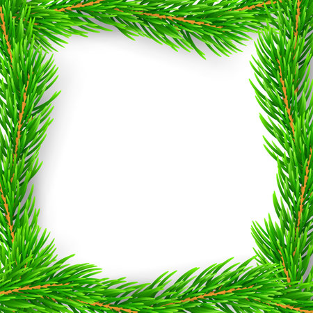 Christmas branch frame 3D. Green garland border isolated on white background. Template texture for holiday banner, decoration, invitation, New Year card. Elegant realistic design Vector illustrationのイラスト素材