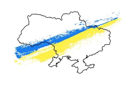 Ukrainian flag grunge brush stroke, map outline, isolated white background. Blue, yellow color. T-shirt print design textile, fabric. Symbol Ukraine. Design patriotism, freedom Vector illustrationのイラスト素材