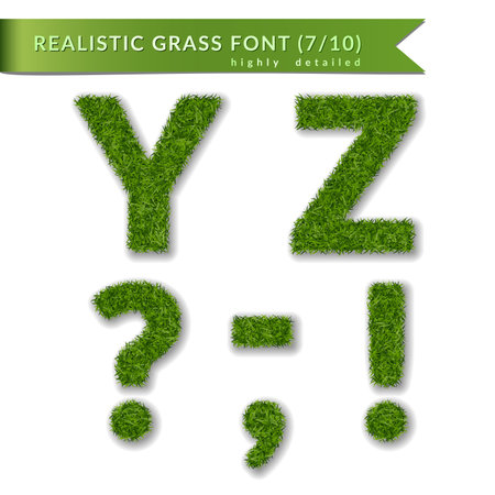Grass letters Y, Z, question, exclamation mark, coma, apostrophe, minus hyphen dash symbol. Set alphabet 3D design. Green font isolated white background. Save the planet. Detailed. Vector illustrationのイラスト素材