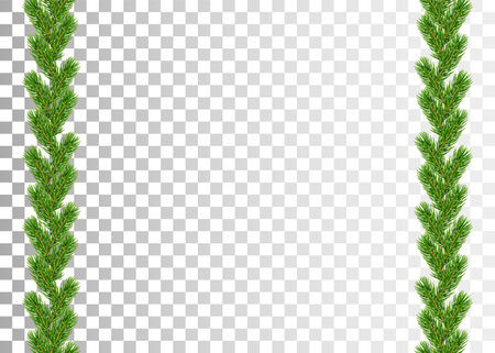 Christmas branch frame 3D. Green garland border isolated on white transparent background. Template texture holiday banner, decoration, invitation, New Year card. Realistic design Vector illustrationのイラスト素材