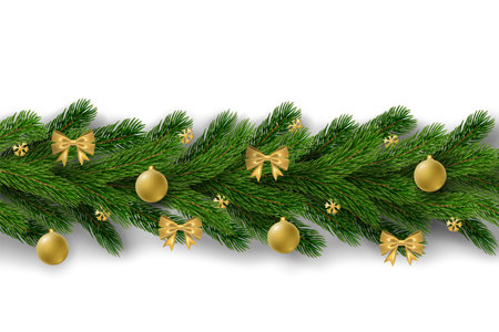 Merry Christmas garland, isolated white background. 3D border green branch, holiday frame. Hanging decor. Pine tree, gold bow tie, golden bauble, confetti snowflakes decoration Vector illustrationのイラスト素材