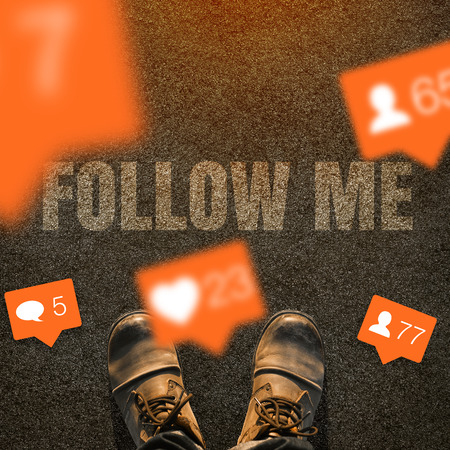 Flat style love, like, comments, users icon. Legs are close to the text Follow me.の写真素材