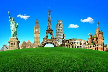 Concept of travel. Green field with the wonders of the world. Around The World Toursの写真素材