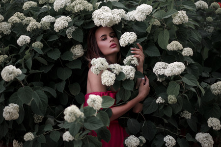 Young beautiful woman in a pink dress in a bush with white flowers in a garden
