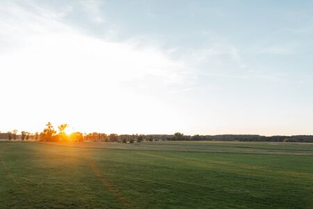 Picturesque landscape c blue sky with a bright orange sunset on the horizon. Field with green grass...