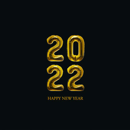 Gold balloons 2022 on a dark green background. Happy New Year, concept. Card for design. Copy space