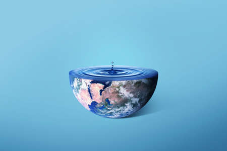 Planet Earth with blue water waves and drop, creative concept. Half of the planet with water. Aqua and lifeの写真素材