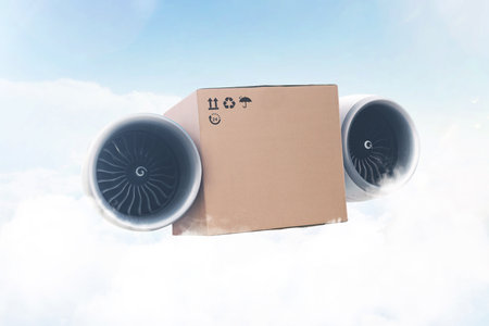Super express delivery, future concept. Packing cardboard box with airplane turbines flies in the sky with clouds. Delivery of goods and Cargo transportation. Autopilotの写真素材