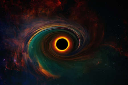 black hole and a disk of glowing plasma. Amazing black hole. Abstract space wallpaper. Universe filled with starsの写真素材