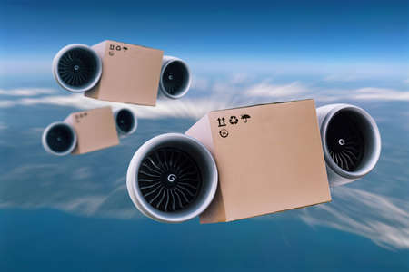 Super fast delivery of goods is flying in the sky. Turbine carton, future concept. Package carton box with turbine, future concept. Cargoの写真素材