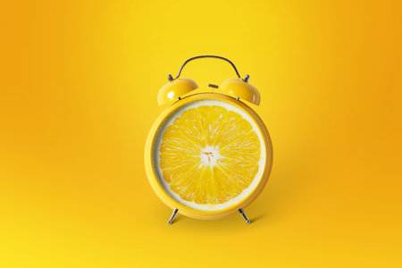 Creative idea layout fresh orange slice alarm clock on orange background. minimal idea business concept. fruit idea creative to produce work within an advertising marketing communications. Summerの写真素材