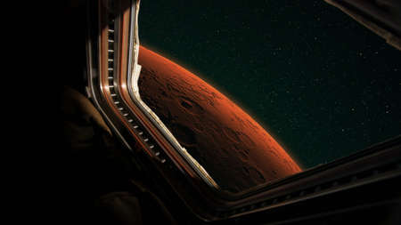 View from the window of a spaceship mission to the red planet Mars. Spacecraft flies to Mars, concept. Travel and exploration of the red planetの写真素材