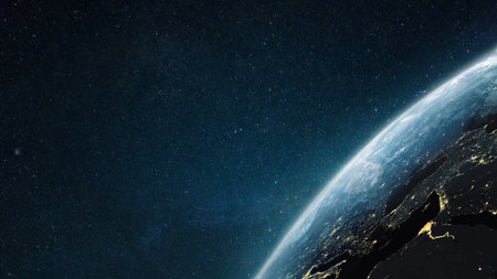 Surface of Earth planet in deep space. Outer dark space wallpaper. Night on planet with cities lights. View from orbit. Earth at he night. Civilization.の写真素材