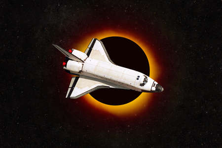 Space rocket will fly into outer space with a total eclipse of the red planet Mars with a bright...